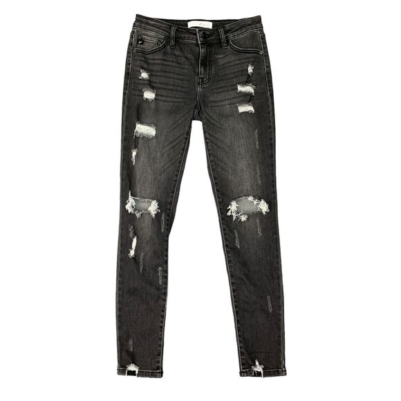 KanCan Cora Jean Womens 3/25 Light Gray Mid Rise Distressed Ripped Super Skinny - Picture 1 of 15